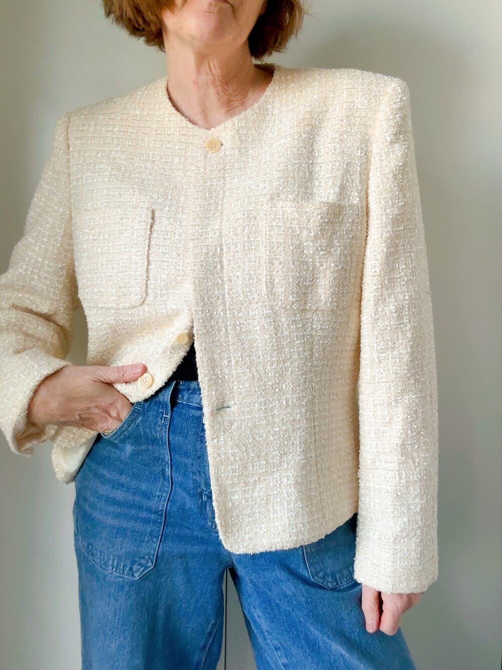 Vintage 90s Womens Tweed Cream Blazer Size 16 Classic Old Money Wool